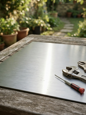 gebürstetes V4A Edelstahlblech liegt auf Tisch in Garten